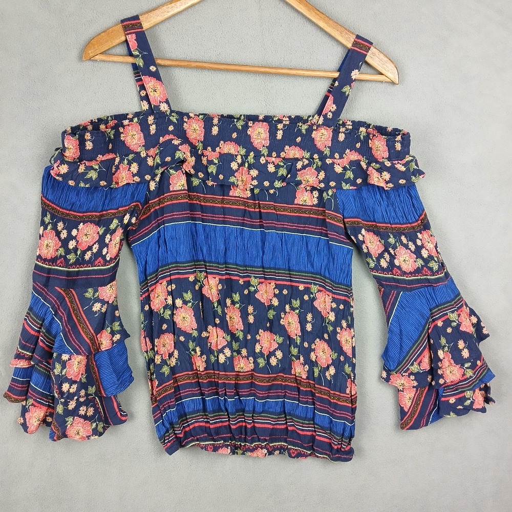 Democracy Blouse Top Womens Small Blue Floral Rayon‎ Bare Shoulder Square Neck